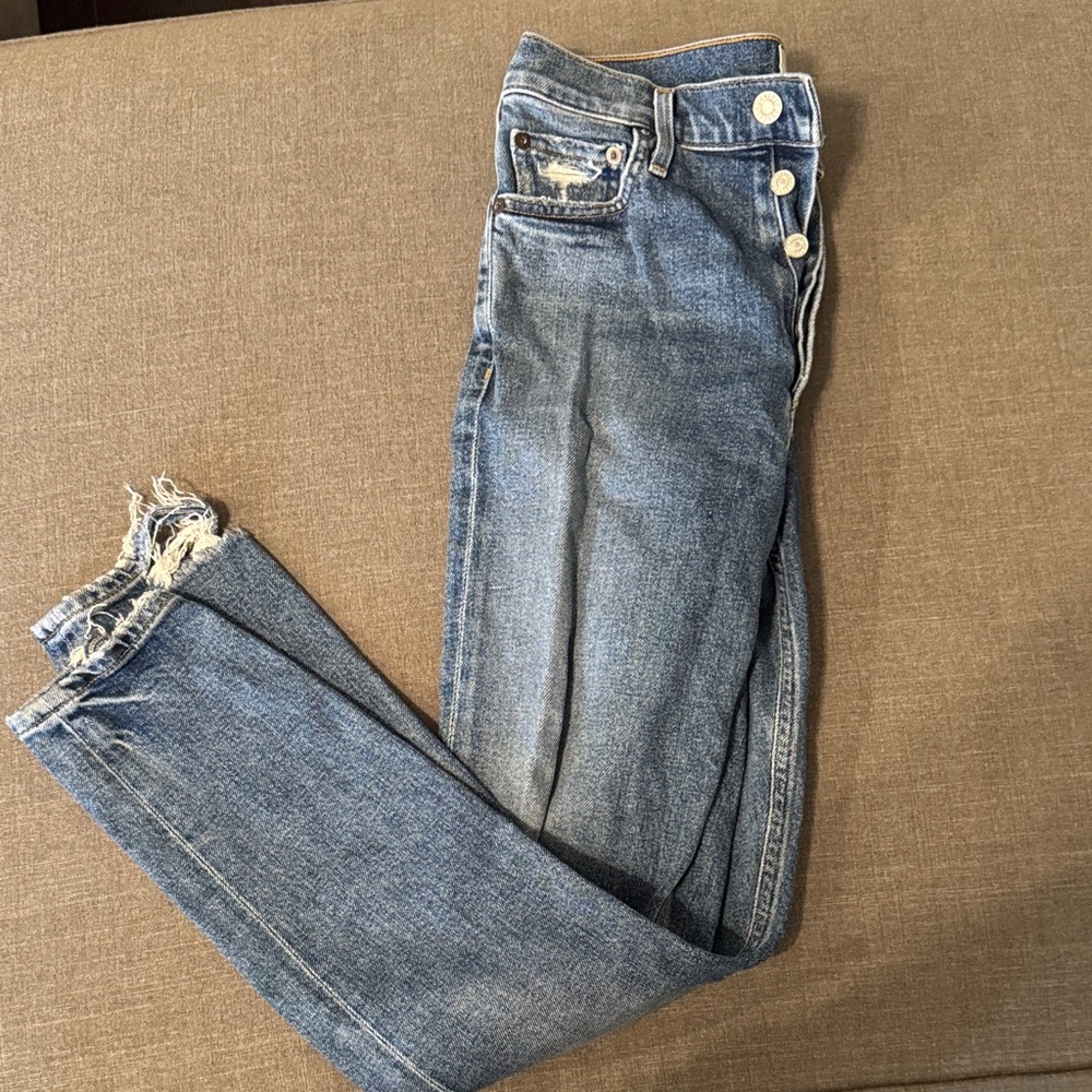 Agolde Distressed-Hem Button-Fly Straight Leg Blue Jeans